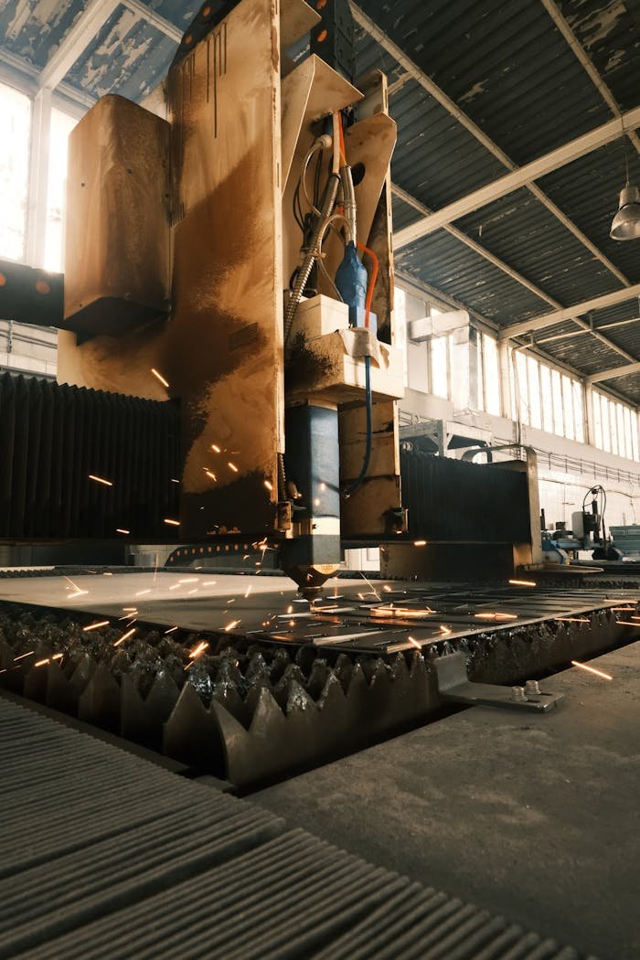 High-tech laser cutter operating in a modern industrial environment.